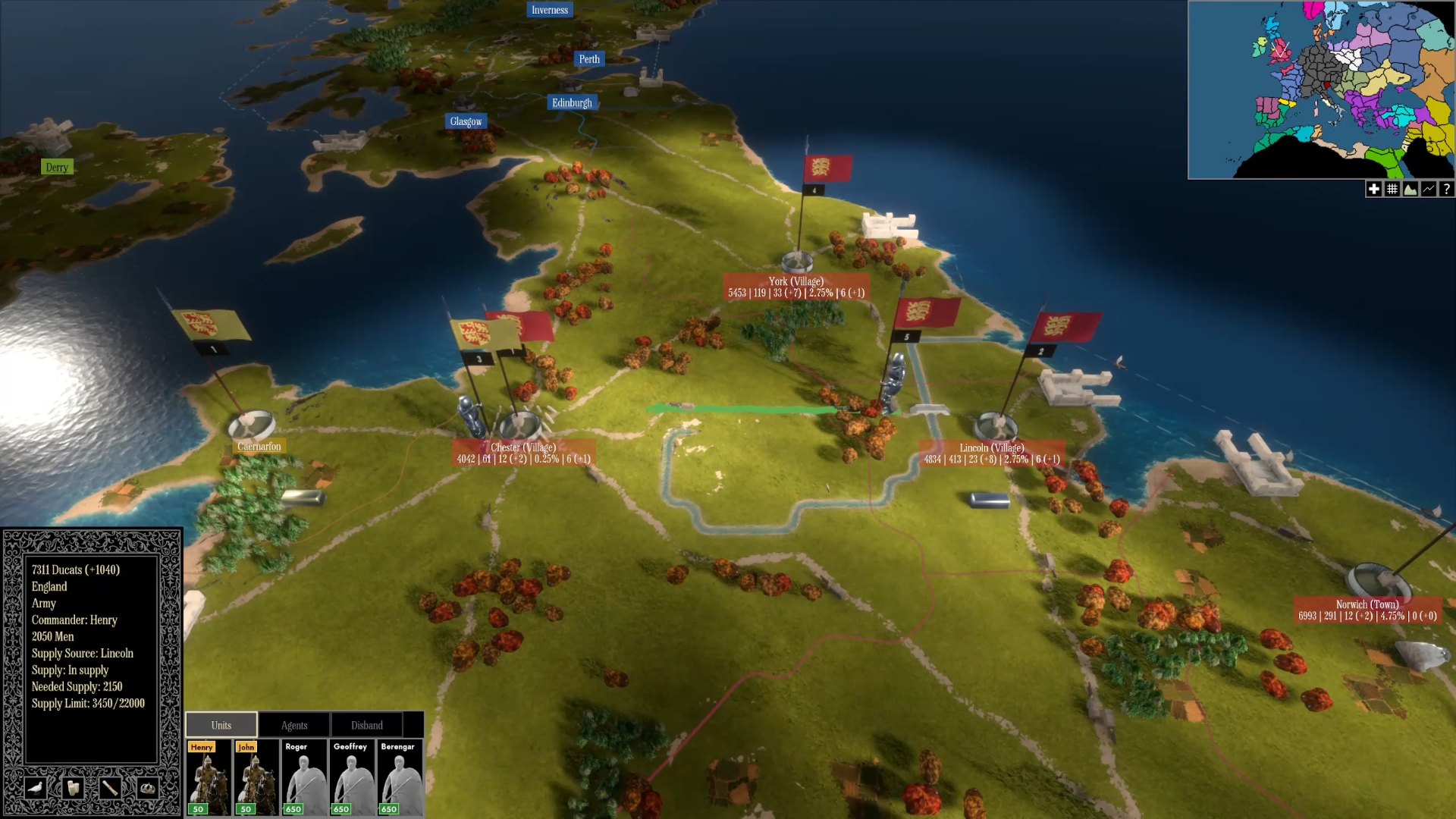 Campaign map of England with armies and towns